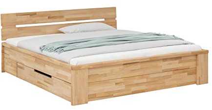 WOODLIVE DESIGN BY NATURE Massivholzbett Cassetta, 160 x 200 cm Stauraumbett aus Kernbuche, massives Holzbett mit Schubladen, hochwertiges Doppelbett mit Komforthöhe, Natur