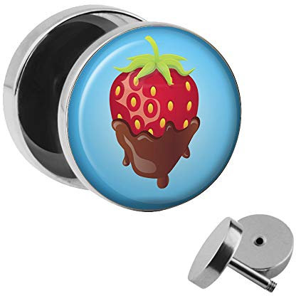 Treuheld | Ohrstecker zum Schrauben - süße SCHOKO-ERDBEERE - rot-blau - Schokoladen Früchte Motiv Fake-Plug Ø 10mm Silber - Edel-Stahl Ohr-Ringe - Chirurgen-Stahl Fake-Tunnel - Gewinde Ohr-Stecker