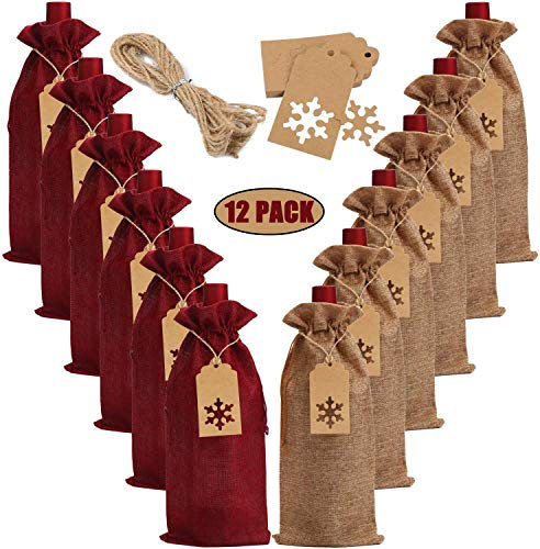 LOKIPA Burlap Wine Gift Bags, 12 Pcs Jute Wine Bottle Bags with Drawstring, Reusable Wine Bottle Covers with Snowflake Tags for Christmas