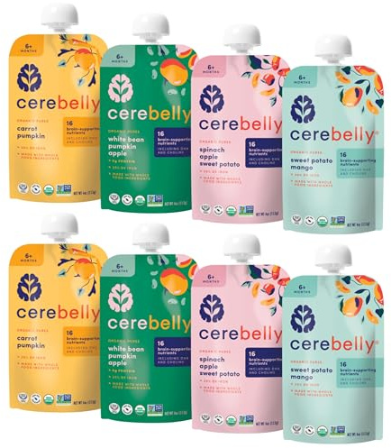 Cerebelly Organic Baby Food Pouches Variety Pack, Veggie & Fruit Purees, 16 Nutrients, No Added Sugar, Fiber & Non-GMO, 4oz, 8 Pack