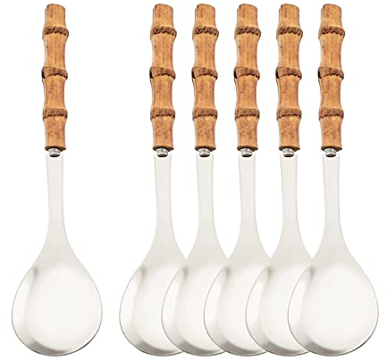 Natural Bamboo Handle Serving Spoons Set of 6, Large Size Stainless Steel Dinner Buffet Catering Banquet Serving Spoons, 10.0 Silver Big Ladle Tablespoons for Home, Family Serving Utensils