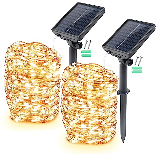 Solar Lichterkette Außen, 2 x 17M 150 LED Außen Lichterkette Kupferdraht Solarlichterkette Warmweiß Wasserdicht 8 Modi Weihnachtenlichterkette für Garten, Balkon, Hochzeit, Terrasse, Party Deko