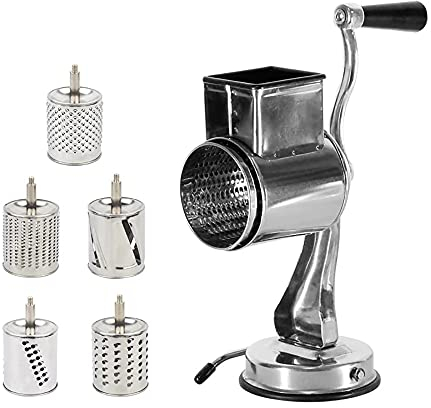 Multifunktion Rotation Reibe, Trommelreibe Lebensmittel Gemüse Mühlen Nussmühle Saugnapf Typ mit 5 Trommeln Cutter für Käse Gemüse Nüsse