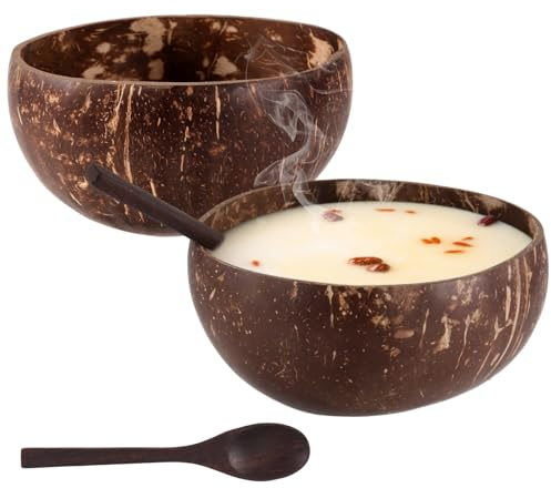 ZEONHEI 2 Stück Kokosnuss Schalen mit 2 Holzlöffeln, Coconut Bowls Set, Natürlich Smoothie Bowl Handgefertigtes Holz Kokosschalen Schüssel für Haushalt