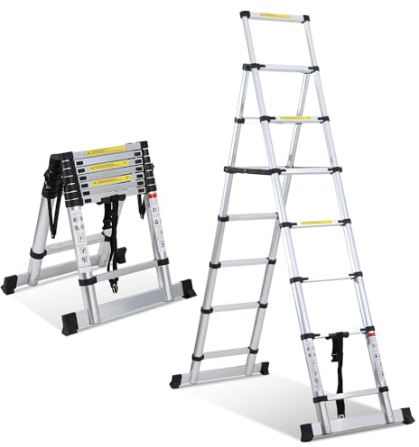 Fiqops Escalera telescópica plegable de 2 + 2,3 m, marco A, 6 + 7 peldaños, escalera de aluminio antideslizante con barra estabilizadora, escalera multiusos, capacidad de carga máxima 150 kg