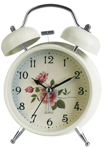 A5 Silent Non-Ticking Bedside Alarm Clock, 4 Metal Structure, Retro Vintage Design with Twin Bell, Perfect for Heavy Sleepers, Kids and Bedrooms. Analogue Quartz and Battery Operated (ROSE)