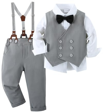 Amissz Traje de Caballero para Niño 9-10 Años Niños Conjunto de Ropa Formal para Ceremonia Camisa de Manga Larga + Chaleco + Tirantes Pantalones + Pajarita Traje de Boda Bautizo, Gris