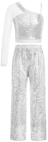 IEFIEL Conjunto Lentejuelas de Baile Hip Hop para Niñas Crop Top de Un Hombro Manga Larga y Pantalones de Rectos con Cintura Elástica Traje de Danza Gimnasia 5-16 Años