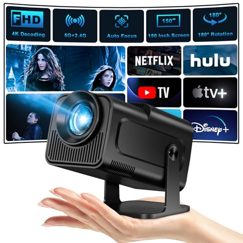Beamer Mini Projektor Full HD 4K, Unterstützt WiFi 6, BT5.0 mit 11.0 Android OS, 150 Zoll, 360-Grad-Flip Smart, Led 180°Drehbarer, für Phone/PC/Lap/Xbox/Stick, Schwarz