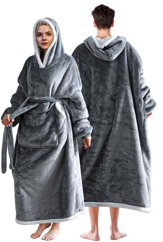 Elaxi Oversized Winter Hooded Blanket, Soft Sherpa Wearable Blanket with Sleeves and Pockets, Cozy Fleece Warm Throw Giant Sweatshirt for Men and Women