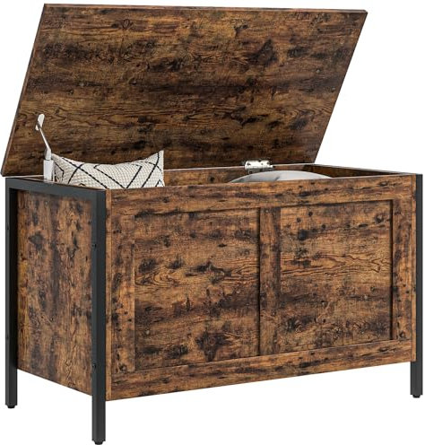 HOMCOM Cassapanca da 95L in Stile Industriale con Coperchio con Cerniera di Sicurezza, Panca Contenitore Multiuso per Salotto e Ingresso, 80x40x49cm, Marrone Rustico