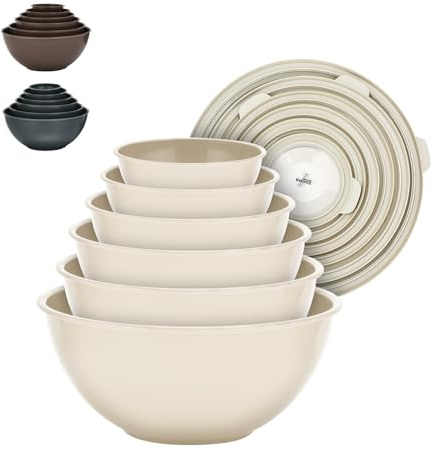 Bakken Master 12 Piece Plastic Nesting Bowls with Lids - Mixing Bowls Set includes 6 Prep Bowls and 6 Lids, BPA-Free, Reusable Meal Prep Containers, Microwave, Freezer & Dishwasher Safe, White Cream