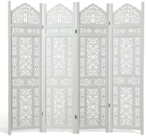 5.75Ft Room Divider Wood Screen, 33Lbs Durable Antiqued Style MDF Carved Headboard, Reversible Freestanding Folding Partition Paravent for Home Office, 69 * 71 inch(H*W) - 4 Panels (Rustic White)