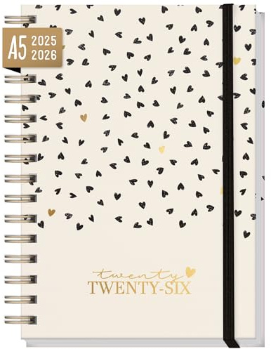International calendar 2025/2026 A5 Golden Hearts weekly planner for 18 months (Jul 25 - Dec 26) in languages: EN/FR/IT/ES - sustainable & climate friendly