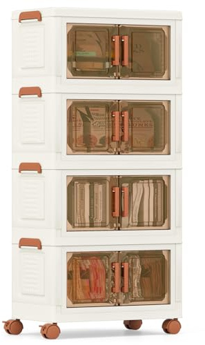 COSTWAY Caja de Almacenamiento Plegable 208 L, Paquete de 4 Contenedores de Almacenaje de Plástico con Puertas de Apertura Frontal, Cajas de Almacenaje Apilables con 4 Ruedas, para Dormitorio