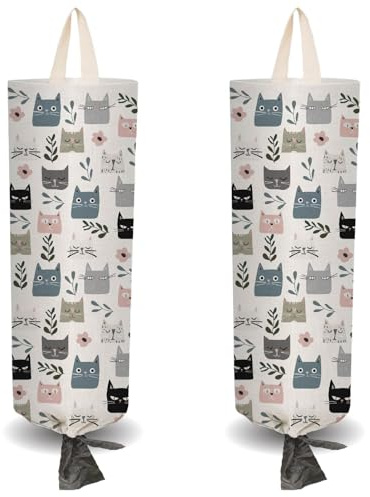 CRASPIRE 2 Soporte Bolsas Plástico Diseño Gato Hojas Flores 4 Ganchos Adhesivos Reutilizable Organizador Comestibles Lavable Colgar En la Pared Dispensador Bolsas Basura la Compra Armario Cocina