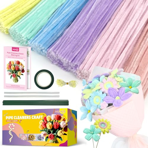 MQOALA kit de 450 fleurs cure pipe avec instructions, kit de fleurs cure-pipes en fil chenille, fils chenilles loisirs creatifs étamines pour bouquets, décorations DIY, couleur macaron pipe cleaners
