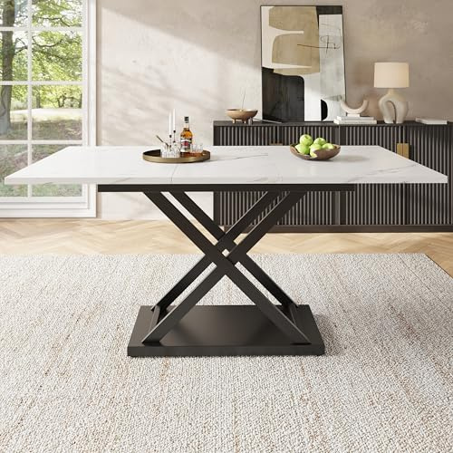 TIZZ Tavolo Telescopico Moderno (120-160×80 cm) – tavolo da pranzo allungabile, salva spazio, con gambe incrociate in ferro nere, piano in marmo bianco, ideale per cucina e soggiorno
