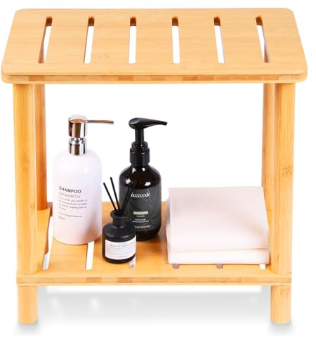Bamboo Shower Bench Stool, Shower Stool for Inside Shower with Storage Shelf, Waterproof Shower Chair Spa Bath Seat, Bathroom Bench Seat for Adults for Indoor or Outdoor Use.