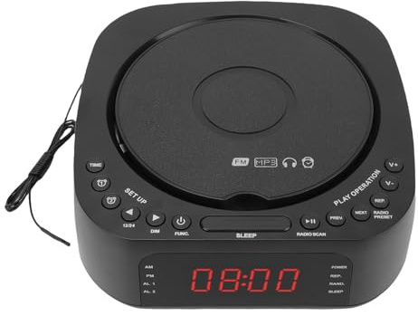 Bewinner Reloj de Despertador de Reproductor de CD con Bluetooth, Carga USB, Pantalla Negativa, Radio Digital de Escritorio con Altavoz de Control Remoto para Dormitorio, Hogar, Oficina (Enchufe de