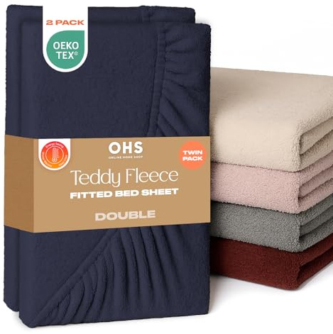 Brentfords 2 Pack Fitted Sheet Double, Teddy Fleece Fitted Sheet Bed Cover Deep Pocket 25cm Fluffy Bedding Fade Resistant Cuddly Cosy Teddy Bear Bedding, Navy Blue - Double