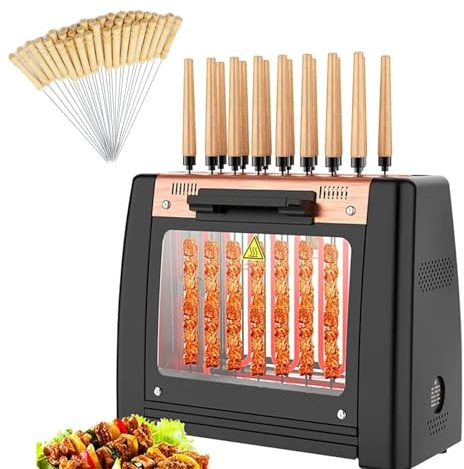 Barbecue Elettrico Senza Fumo 1200W, Griglia Verticale con Girarrosto e Spiedi Rotanti Automatici a 360°, 32 Spiedi per Kebab Carne Pesce