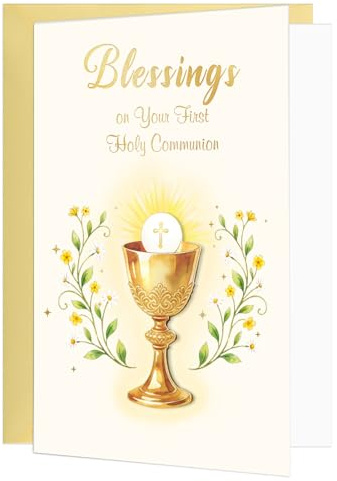 DISJOURNEY First Communion Card with Chalice & Olive Design, 300GSM Thick Cardstock Gold Foil Catholic Holy Communion Cards for Boys Girls, Envelope & Seal Sticker Included