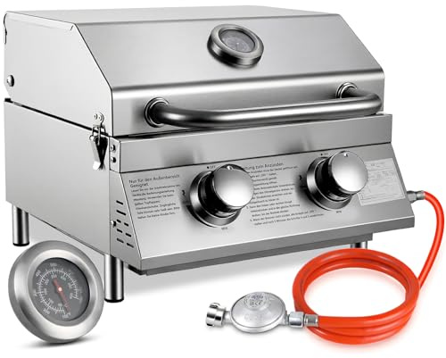TLSUNNY 2 brännare gasgrill liten, bärbar rostfritt stål bordsgasgrill kompakt med grillgaller, termometer, camping bordsgrill för grillning, balkong, trädgård, 4,4 kW, 4 st fötter, 42 x 33 cm