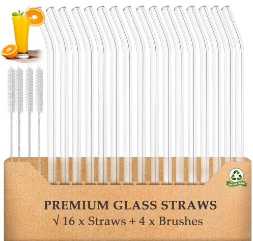 AOTWAN Glass Straws 20 Pack,Size 8.5''x8MM Glass Straws Drinking,Eco Friendly Including 16 Bent Straws with 4 Brushes,Reusable Straw for Cocktail,Juice