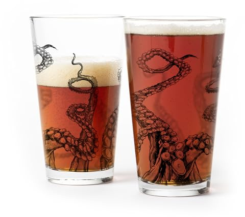 Black Lantern Pint Glass Set of 2 – 16oz Beer Glasses with Octopus Tentacles Design, Screen Printed with Gift Box