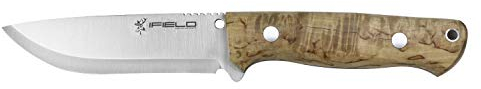 IFIELD Jagdmesser Workout EL29122, Griff aus lockiger Birke, MOVA-Klinge 11,5 cm, inkl. braunem Lederscheide, Campinggerät zum Angeln, Jagen, Sport.