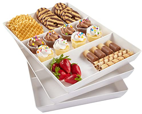 US Acrylic Avant White Plastic Divided Serving Trays (Set of 3) 15” x 10” | Large Reusable 3-Section Party Platters | Serve Appetizers, Fruit, Veggies, & Desserts | BPA-Free & Made in USA