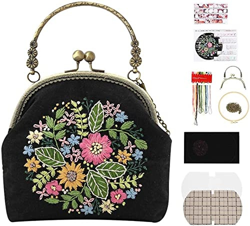 Namvo broderi startkit, vintage handväska väska broderiförpackning med mönster och instruktioner bambu broderiram F? den och verktyg