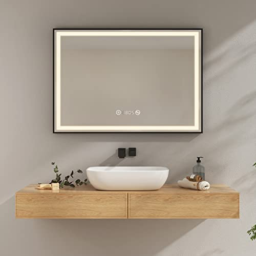EMKE Miroir de Salle Bain avec Éclairage 100x70cm Bord Noir LED Tactile, Anti-buée, Horloge, Température, Dimmable, Neutre, LM23CTDZ-EMKE-FR