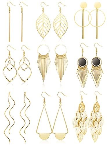 JeweBella 9 Paires Boucles d'Oreilles Pendantes pour Femmes Filles Acier Inoxydable Hypoallergéniques Argent/Or Boucles d'Oreilles Pompons Feuille Vague Bijoux Fantaisie pour Femme Fille