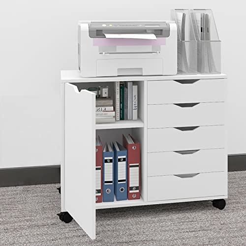 PUNCIA 5 Drawer Mobile Filing Cabinet With Door, Wooden Lateral File Cupboard On Wheels Multifunctional Printer Stand For Home Office Documents Organiser Rolling Storage Unit White Furniture