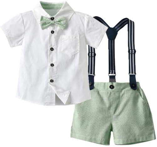 Yaopelky Pojkar Sommar Herr Kostymer Pojke Kortärmad Skjorta med Fluga Hängslen Shorts Kostym 1–8 år, Grön, 7-8 años