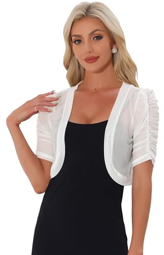 Allegra K Casual Short Sleeve Mesh Sheer Shrug for Women Open Front Cropped Cardigan Bolero Small White