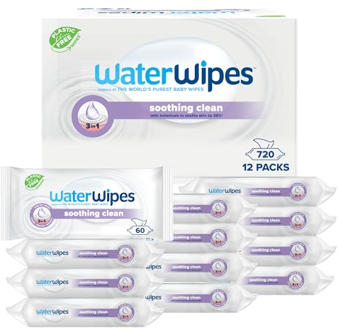 WaterWipes Sensitive+ Soothing Wipes, 720 Count (12 Packs), 3-In-1 Cleans, Cares, Soothes, 99% Water with Botanical Extract, Unscented Baby Wipes