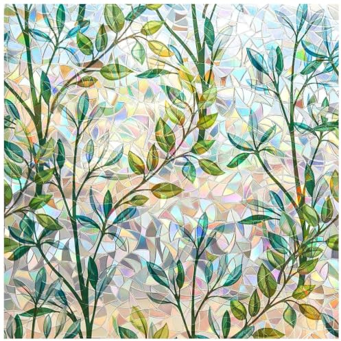 FINNEZ Window Film - Self-adhesive Static Film, Colorful Opaque Privacy Film, Anti-UV Rainbow Optics with Small Grass Motif, Decorative Film for Living Room Kitchen Office,75 x 200cm