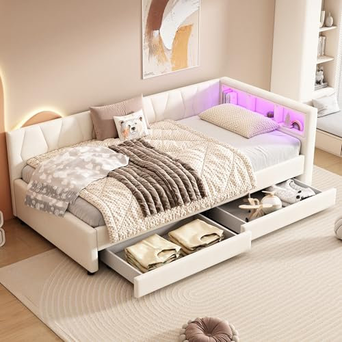 Aoskem Polsterbett Tagesbett Einzelbett 90x200 mit 2 Stauraum Schubladen, Kinderbett LED-Kopfteil mit USB/TypC, Sofabett Jugendbett Schlafsofa Bettgestell mit Lattenrost, Ohne Matratze, Leinen (Beige)