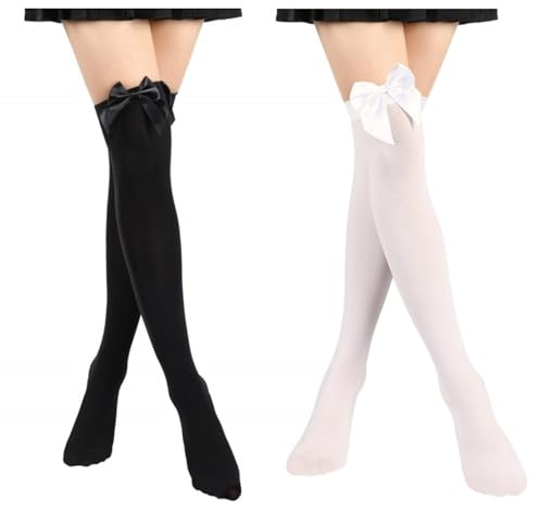 Frdelma Bas pour femme avec nœud, Bas Genoux Pour Femme, Chaussettes Hautes Avec Nœuds, bas au-dessus du genou, chaussettes hautes pour filles, cosplay, fête de Noël (noir, blanc)