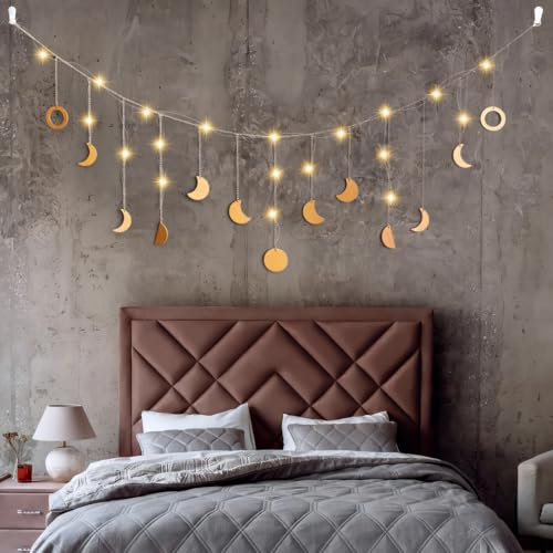 O-Kinee Mondphasen Girlande,Wanddeko Boho,Mondlampe Ramadan Deko,Mond Girlande Aesthetic Room Decor,Boho Lichterkette Schlafzimmer,Mondlampe Wanddeko,mit Led 144cm 13 Monde