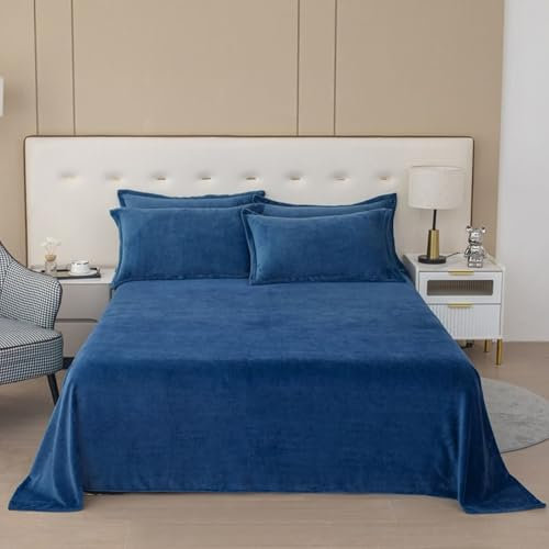 Mesnt Flaches Blatt, 220x230cm Einfarbig Betttuch aus Samt MatratzenüBerzug, Komfortabel, Dunkelblau