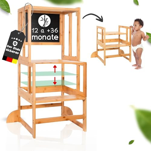Kywai Montessori Lernturm ab 1 Jahr – Lernturm klappbar aus Bambus, 3 in 1 Learning Tower mit Tafel, höhenverstellbar, stabil & sicher, auch als Tritthocker nutzbar, patentiertes Design