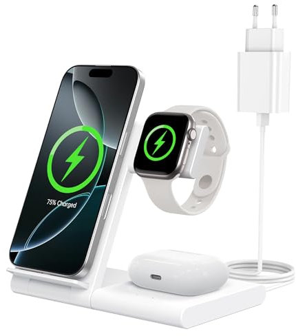 WATOE Cargador Inalámbrico 3 en 1, Wireless Charger Rápido Soporte De Carga Inalámbrico para iPhone 16/15/14/13/12/11/Pro/Max/Plus, para Apple Watch 10/9/8/7/6/SE/5/4/3/2, para AirPods 4/3/2/Pro