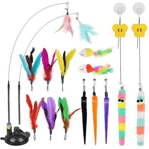 Emwel Interactive Cat Toys 17PCS Set-Feather,String,Stick&Wand with Attachments for Indoor Cats(Includes Super Suction Cup & Hanging Door)