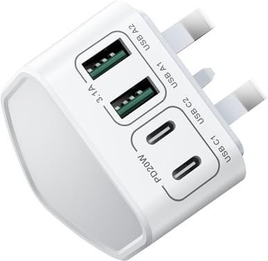 USB C Plug UK, 40W 4-Port USBC Plug Fast Charge Multi Charger Plug Dual PD Power Adapter +QC Wall Charger Head Multiport Type C Charging Plug for iPhone 17 16 15 14 13 12 11 Pro Max, Samsung, iPad