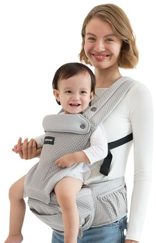 Momcozy Baby Carrier with Hip Seat, 2-in-1 Forward-Facing Carry for Active Babies, Detachable Hands-Free Carrier up to 20kg, Breathable Infant Carrier Fits Waist Sizes up to 120cm, AirMesh Grey