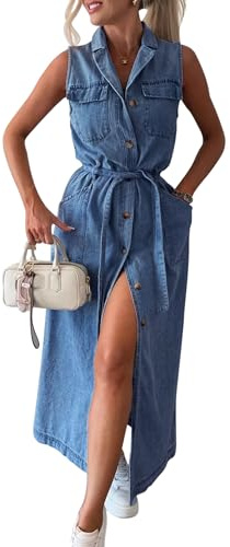 MAGIMODAC Womens Summer Sleeveless Denim Long Dresses V Neck Maxi Jean Shirt Dress Button Down Tunic Sundress with Belt and Pockets Blue L